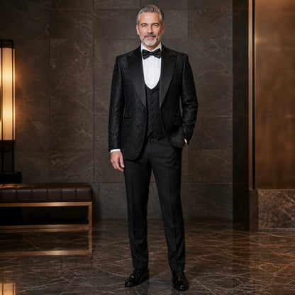 wedding guest suit — Black floral jacquard three piece wedding tuxedo, complete front view — view 2