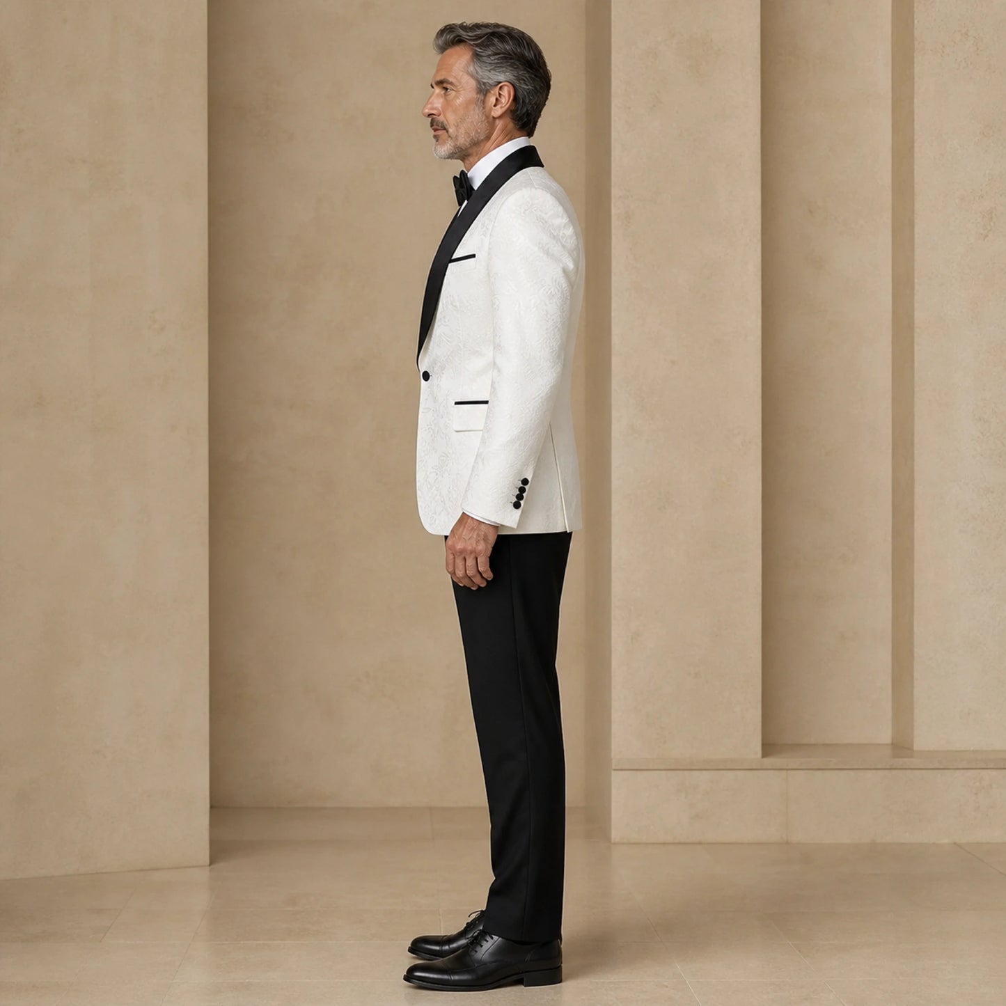 wedding guest suit — White and black floral jacquard wedding tuxedo, true side view — view 3