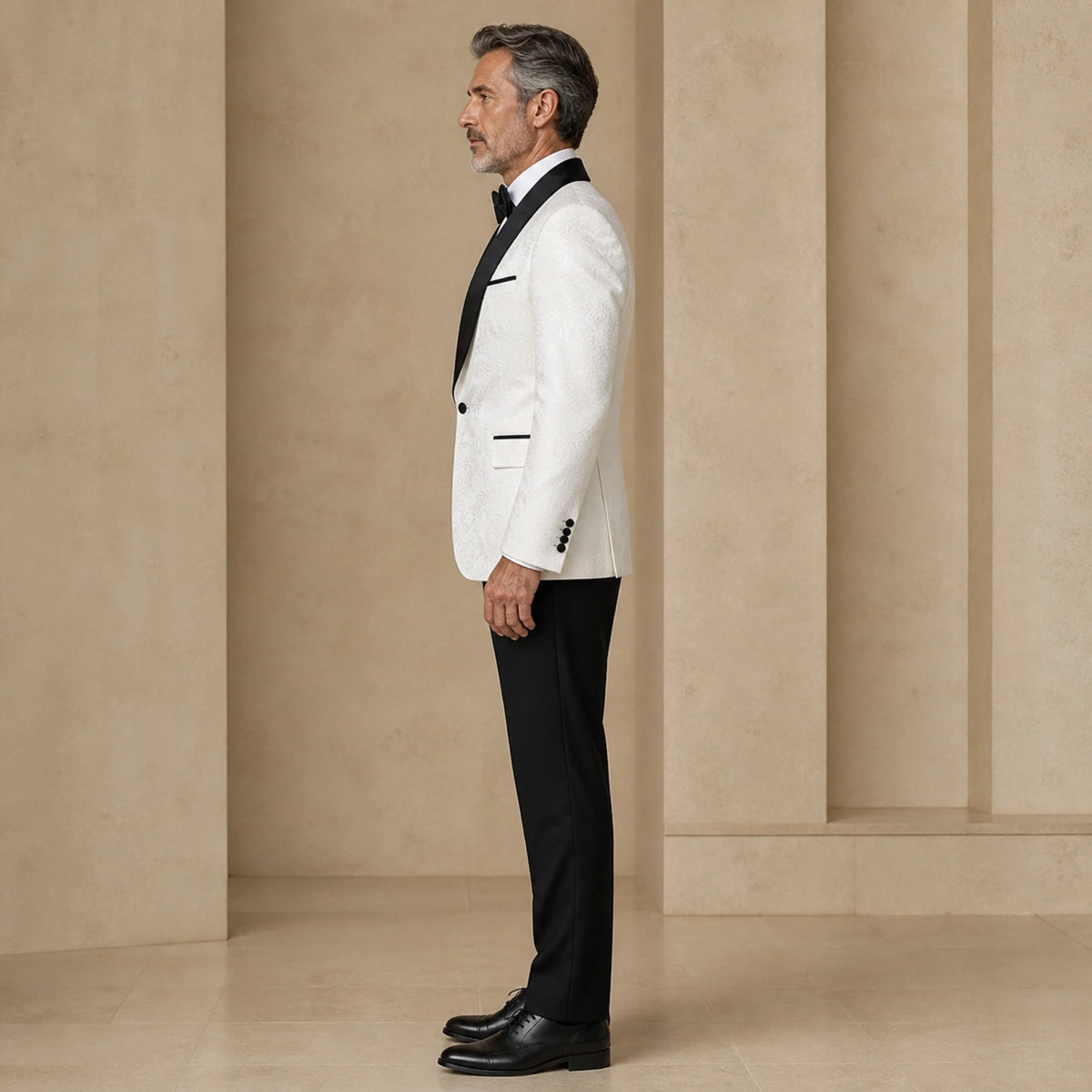 wedding guest suit — White and black floral jacquard wedding tuxedo, true side view — view 3