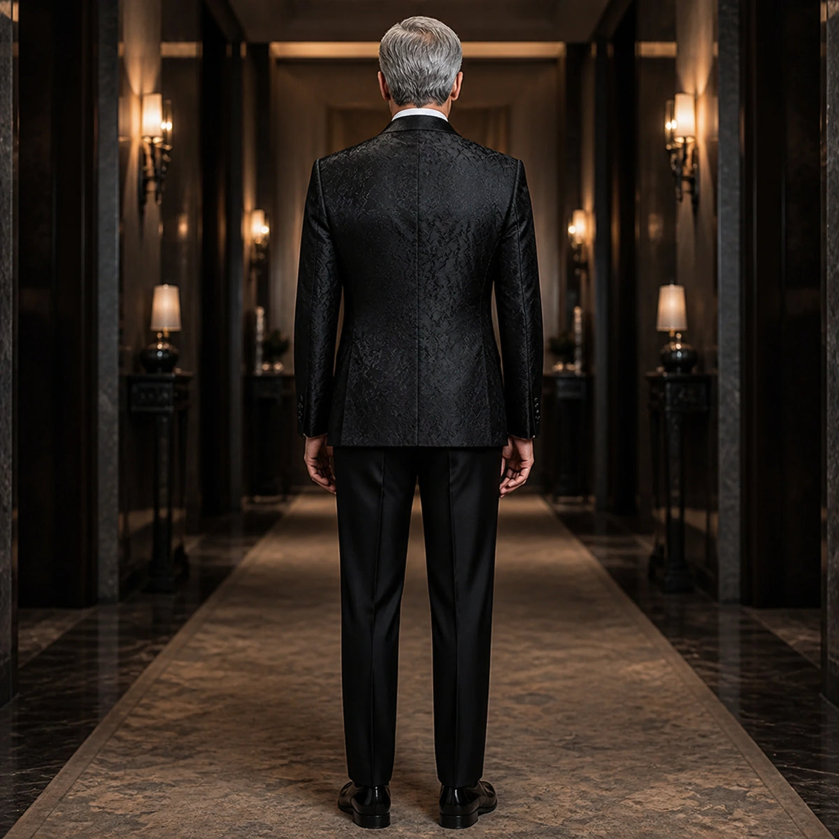 wedding guest suit — Black floral jacquard wedding tuxedo, direct back view — view 4