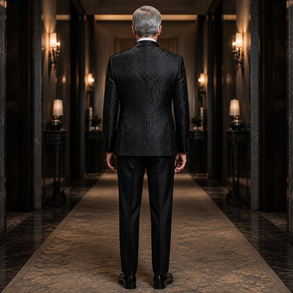 wedding guest suit — Black floral jacquard wedding tuxedo, direct back view — view 4