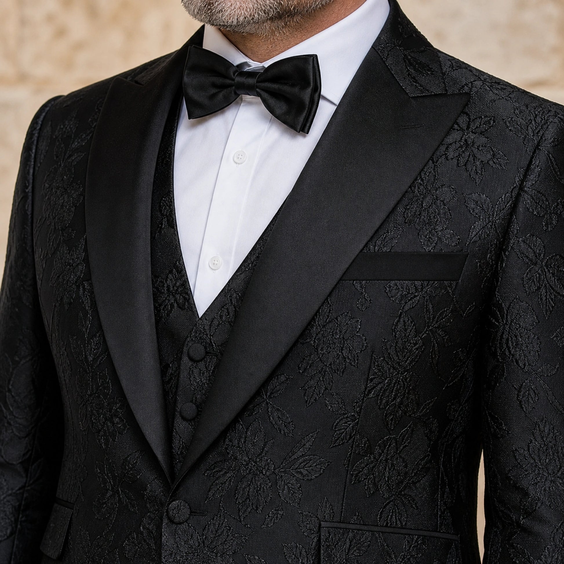 wedding guest suit — Black floral jacquard tuxedo shawl collar and textile detail — view 5