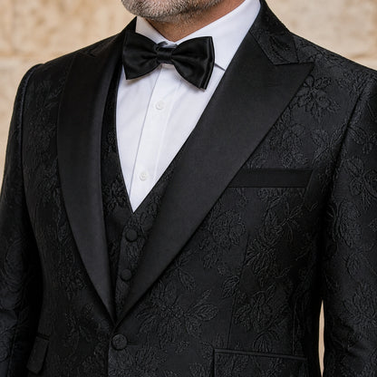 wedding guest suit — Black floral jacquard tuxedo shawl collar and textile detail — view 5