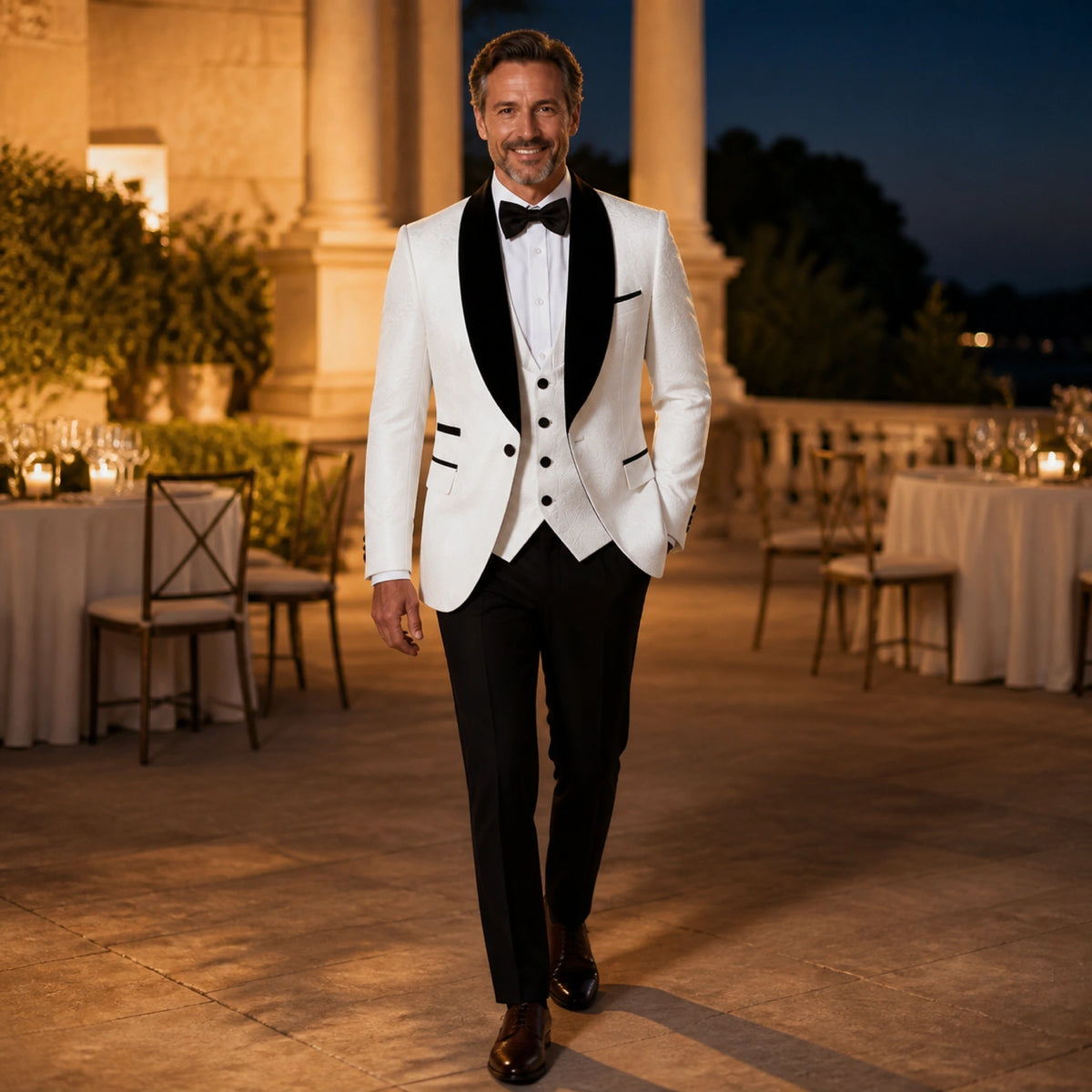 wedding guest suit — White and black floral jacquard wedding tuxedo at an elegant reception — view 6