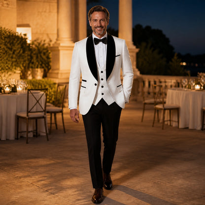 wedding guest suit — White and black floral jacquard wedding tuxedo at an elegant reception — view 6
