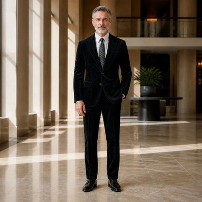 Black ribbed velvet wedding guest suit, complete front view on mature male model