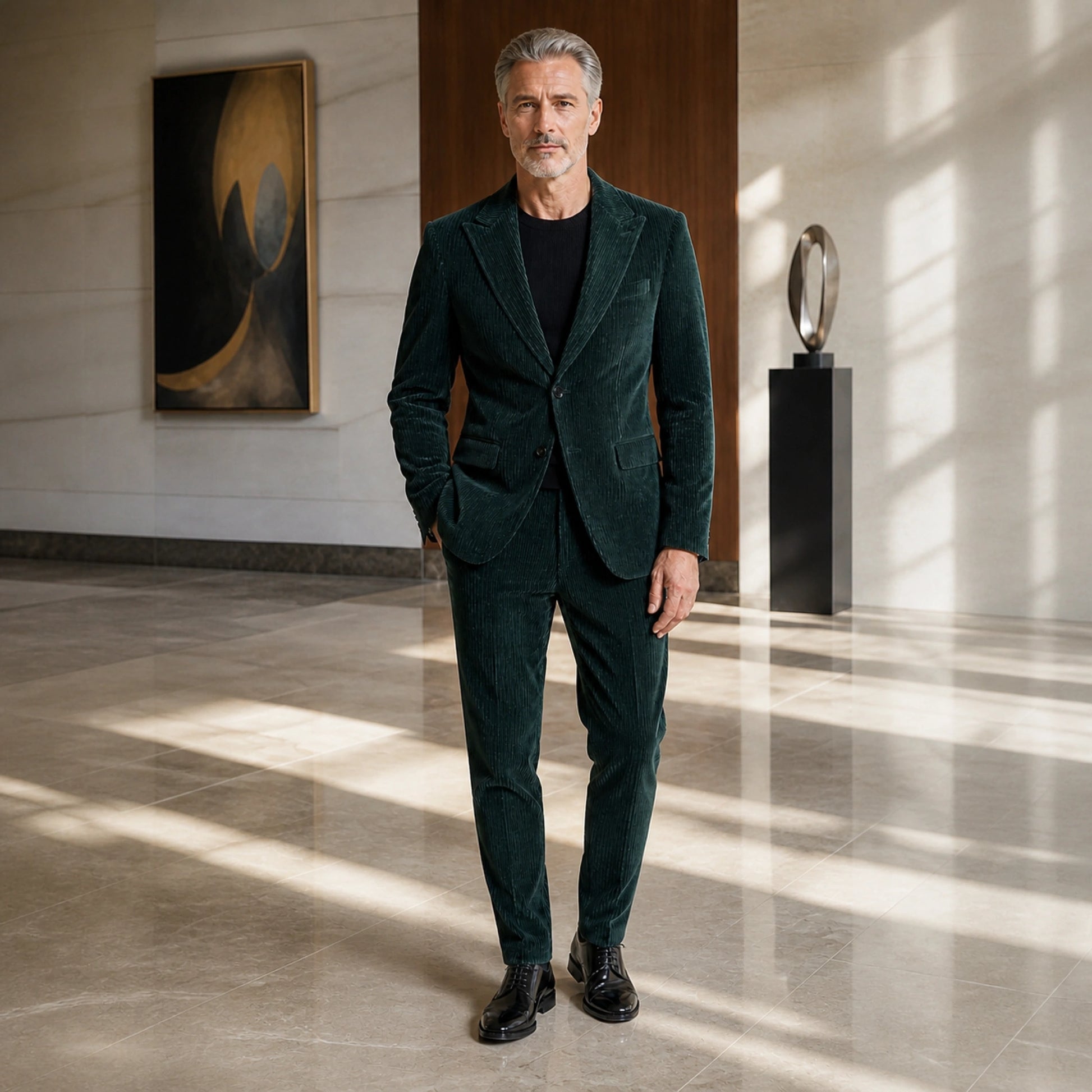 Deep green ribbed velvet wedding guest suit, complete front view on mature male model — view 2
