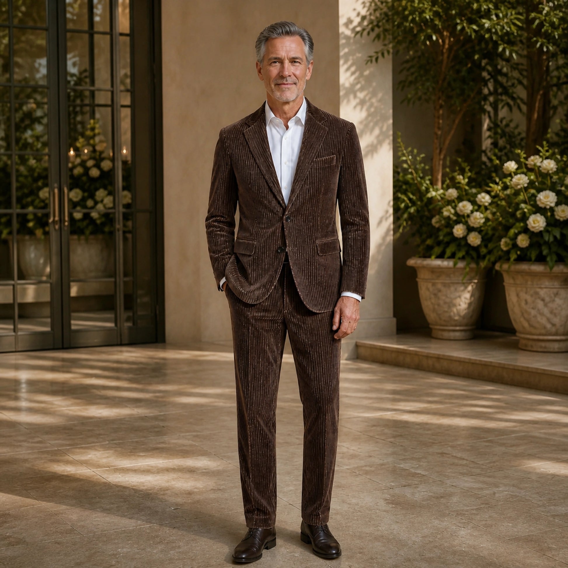 Brown ribbed velvet wedding guest suit, complete front view on mature male model — view 3