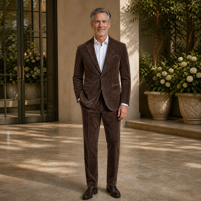 Brown ribbed velvet wedding guest suit, complete front view on mature male model — view 3