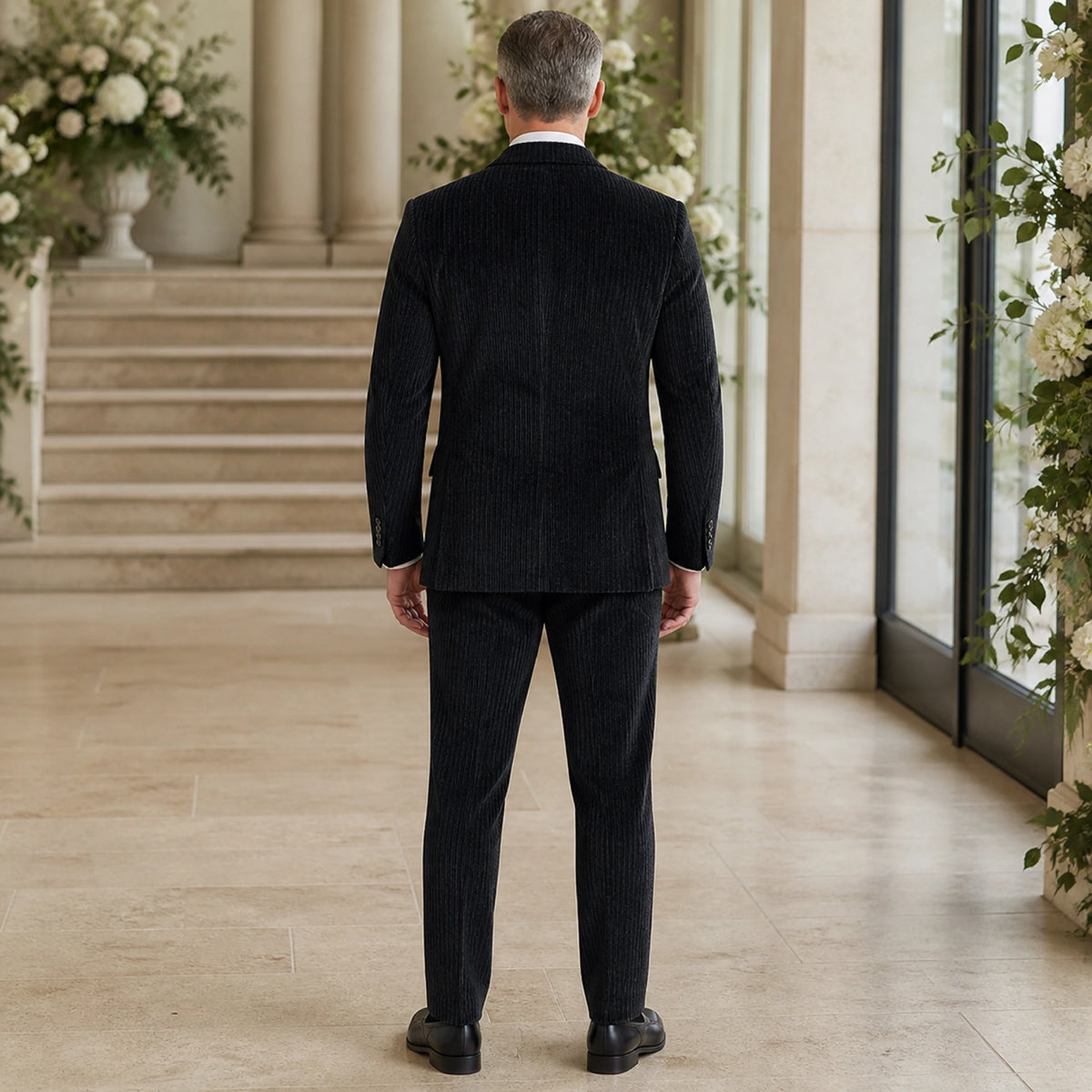 Black ribbed velvet wedding guest suit, direct back view — view 5