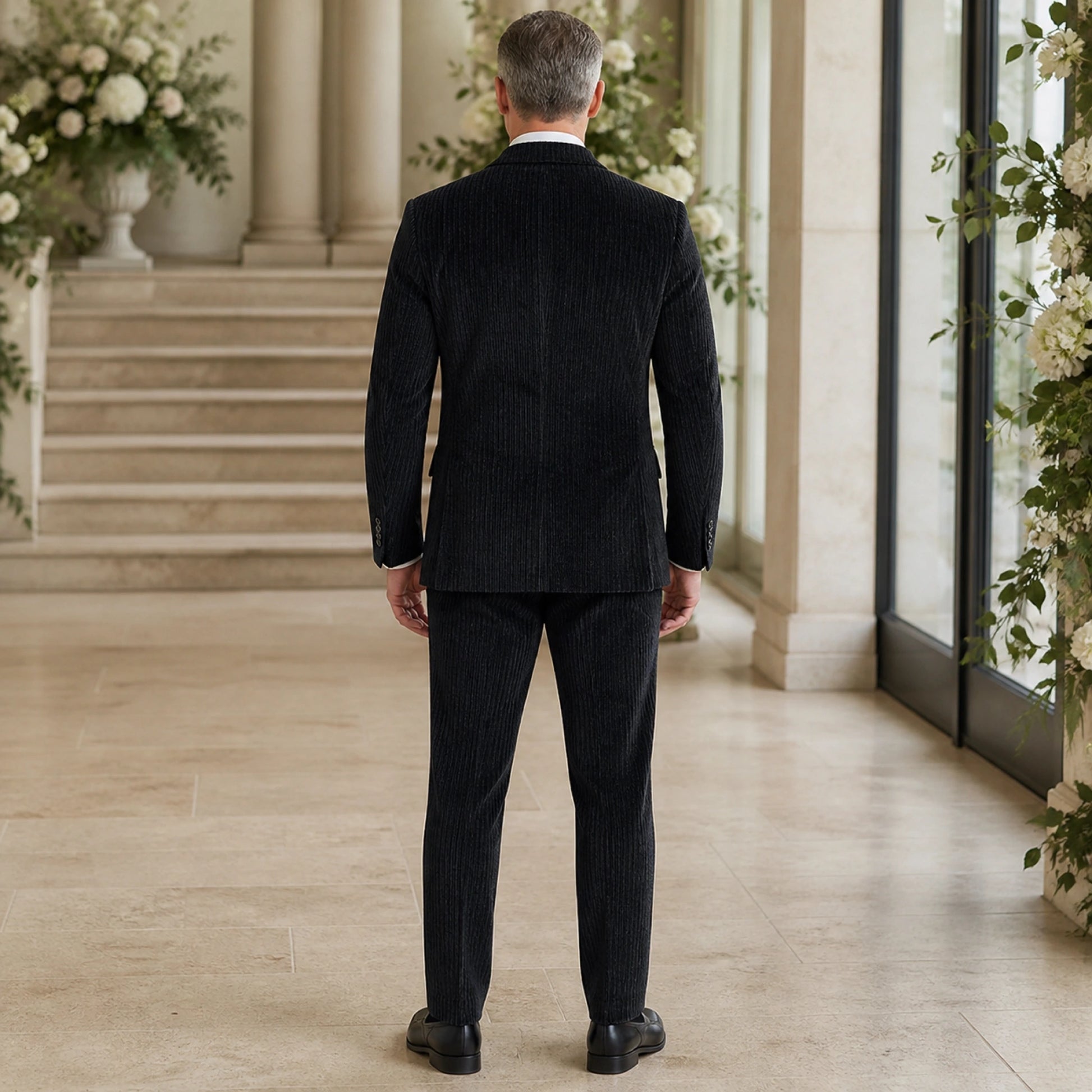 Black ribbed velvet wedding guest suit, direct back view — view 5
