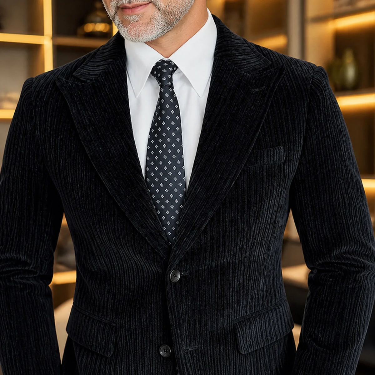 wedding guest suit — Black ribbed velvet suit lapel, button and pocket detail — view 6