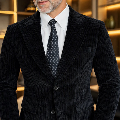 wedding guest suit — Black ribbed velvet suit lapel, button and pocket detail — view 6