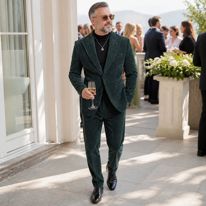 Deep green ribbed velvet wedding guest suit at an elegant reception — view 8