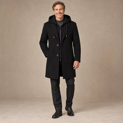 winter coat — Men's Black Wool Blend Button Front Full Length Trench Coat — Liam Hooded