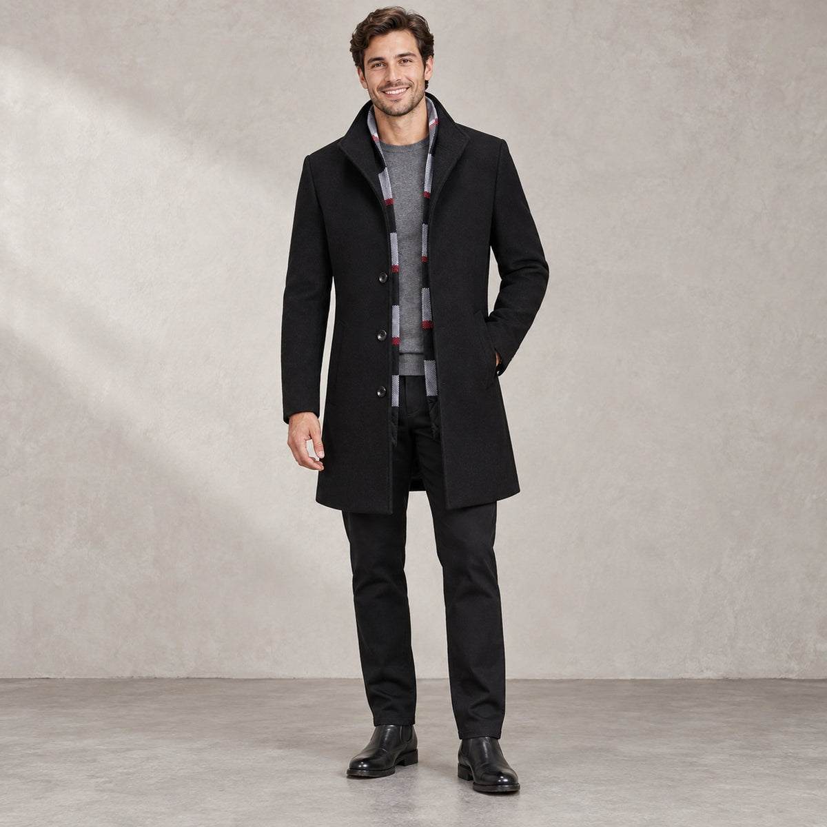winter coat — Men's Black Wool Blend Button Front Full Length Trench Coat — Liam Plaid Collar — view 2