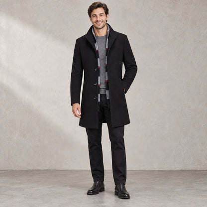 winter coat — Men's Black Wool Blend Button Front Full Length Trench Coat — Liam Plaid Collar — view 2