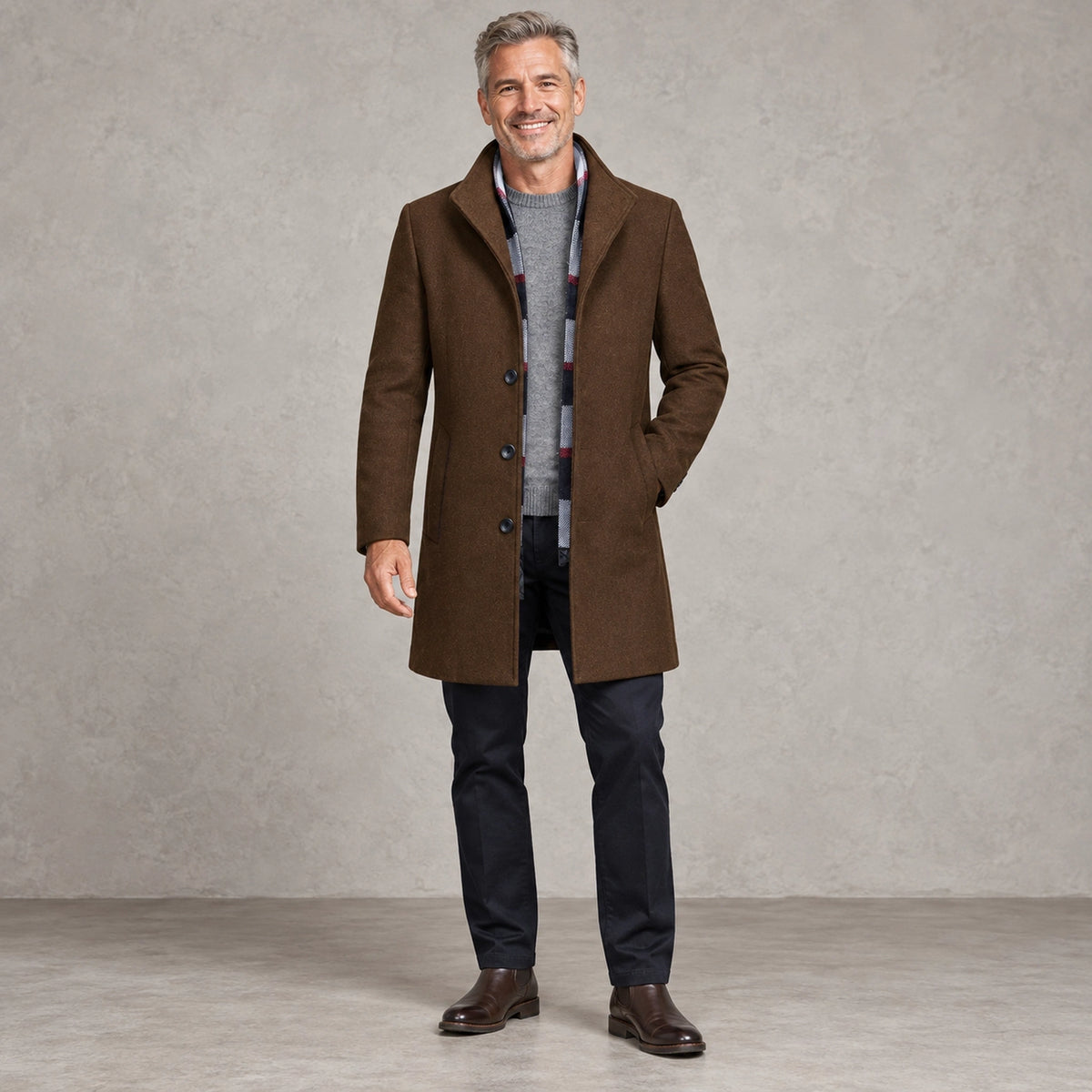 winter coat — Men's Black Wool Blend Button Front Full Length Trench Coat — Liam Brown Plaid Collar — view 3
