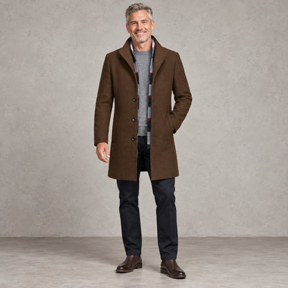 winter coat — Men's Black Wool Blend Button Front Full Length Trench Coat — Liam Brown Plaid Collar — view 3