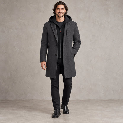 winter coat — Men's Black Wool Blend Button Front Full Length Trench Coat — Liam Charcoal Hooded — view 4