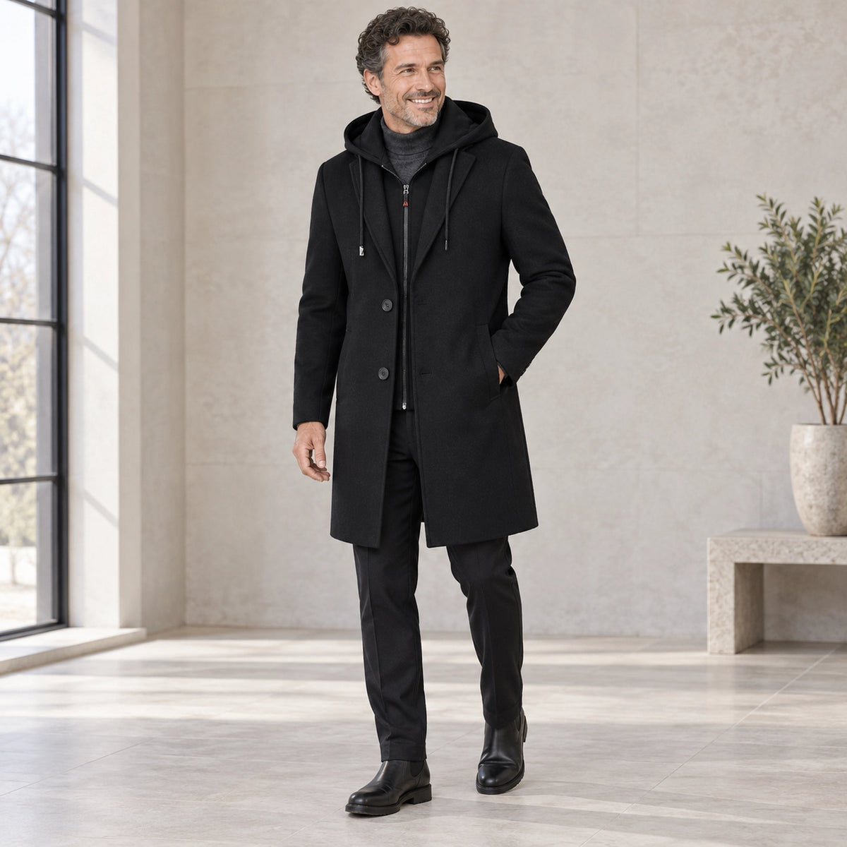 winter coat — Men's Black Wool Blend Button Front Full Length Trench Coat — Liam Hooded three quarter view — view 5