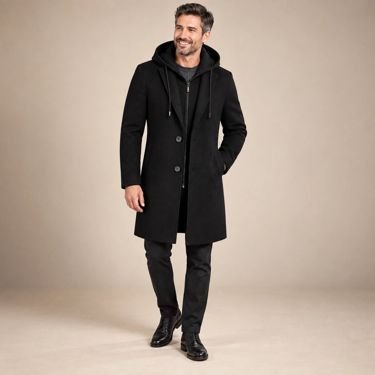 winter coat — Men's Black Wool Blend Button Front Full Length Trench Coat — Liam Hooded alternate angle — view 6