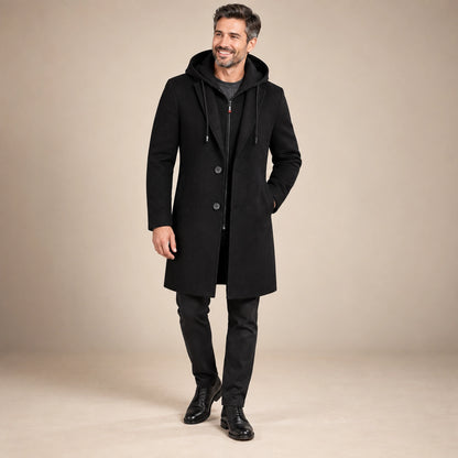 winter coat — Men's Black Wool Blend Button Front Full Length Trench Coat — Liam Hooded alternate angle — view 6