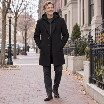 winter coat — Men's Black Wool Blend Button Front Full Length Trench Coat — Liam Hooded 1 — view 7