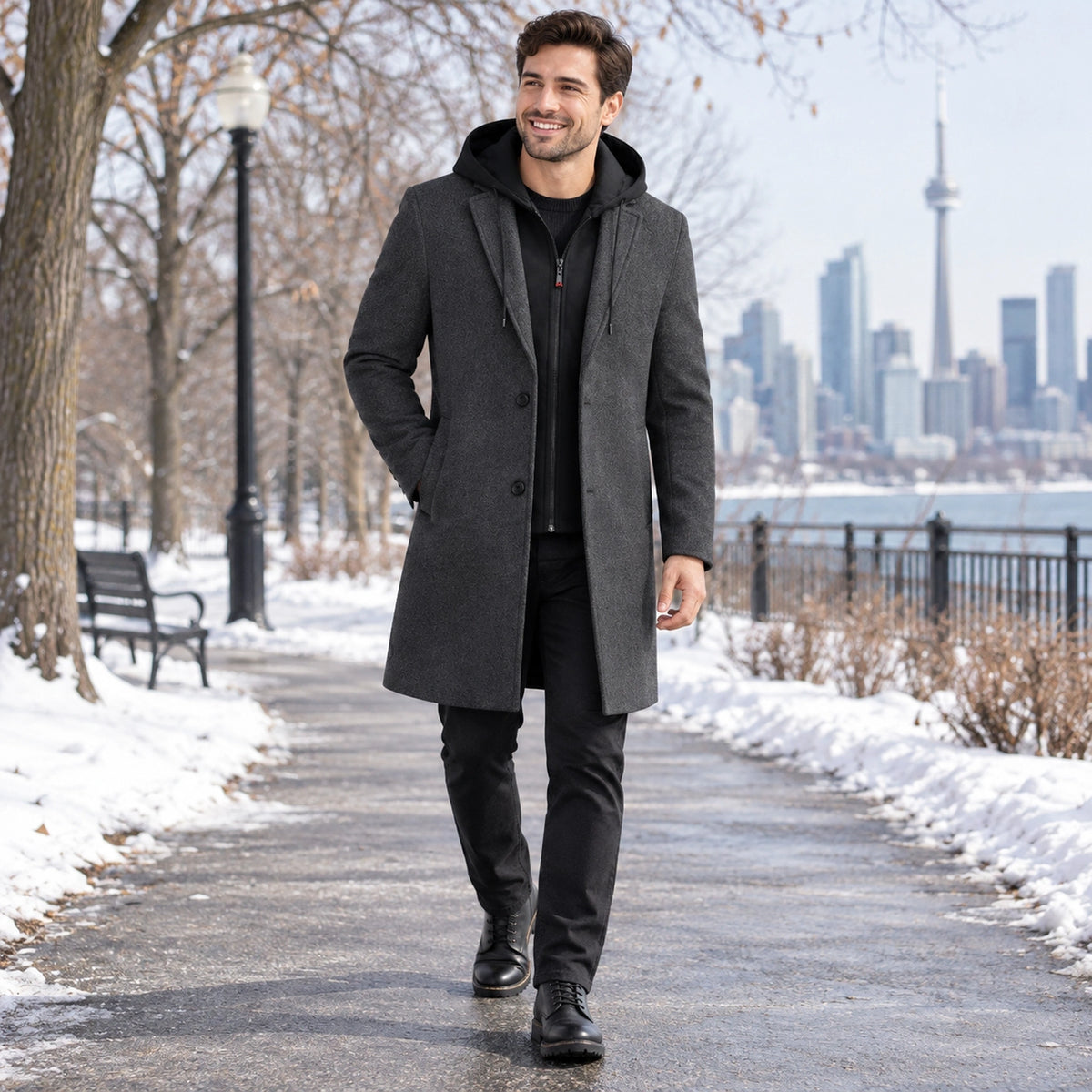 winter coat — Men's Black Wool Blend Button Front Full Length Trench Coat — Liam Charcoal Hooded 2 — view 8