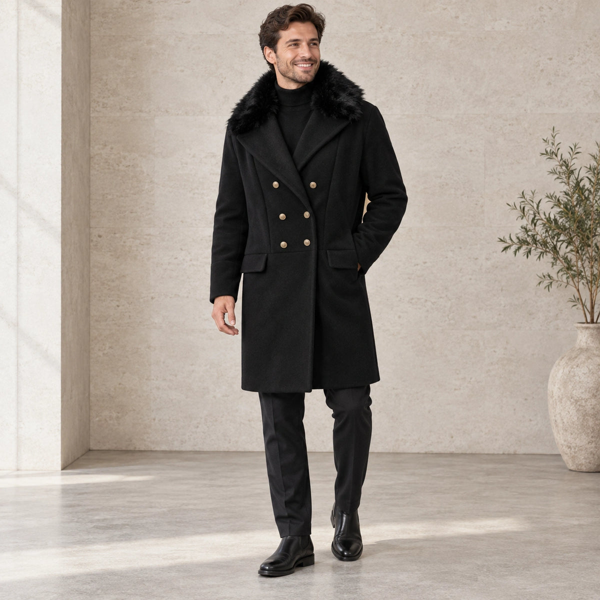 Men's Black Wool Blend Winter Coat — Vincenzo three quarter view — view 2