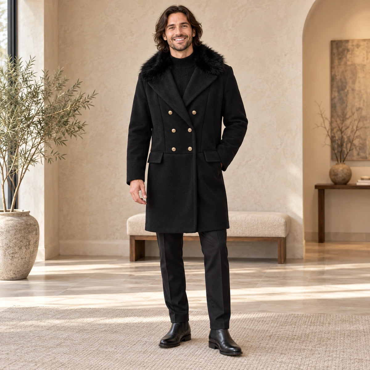 Men's Black Wool Blend Winter Coat — Vincenzo front relaxed pose — view 4