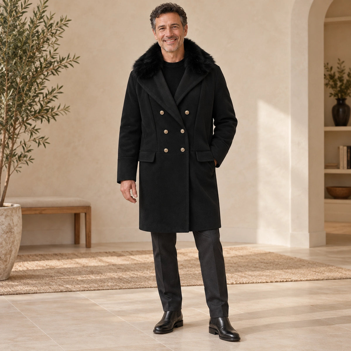 Men's Black Wool Blend Winter Coat — Vincenzo front relaxed pose — view 5