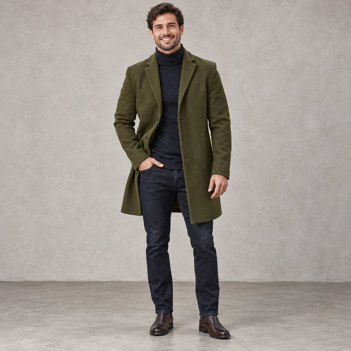 Men's Button Front Winter Coat — Atticus Olive Green — view 2