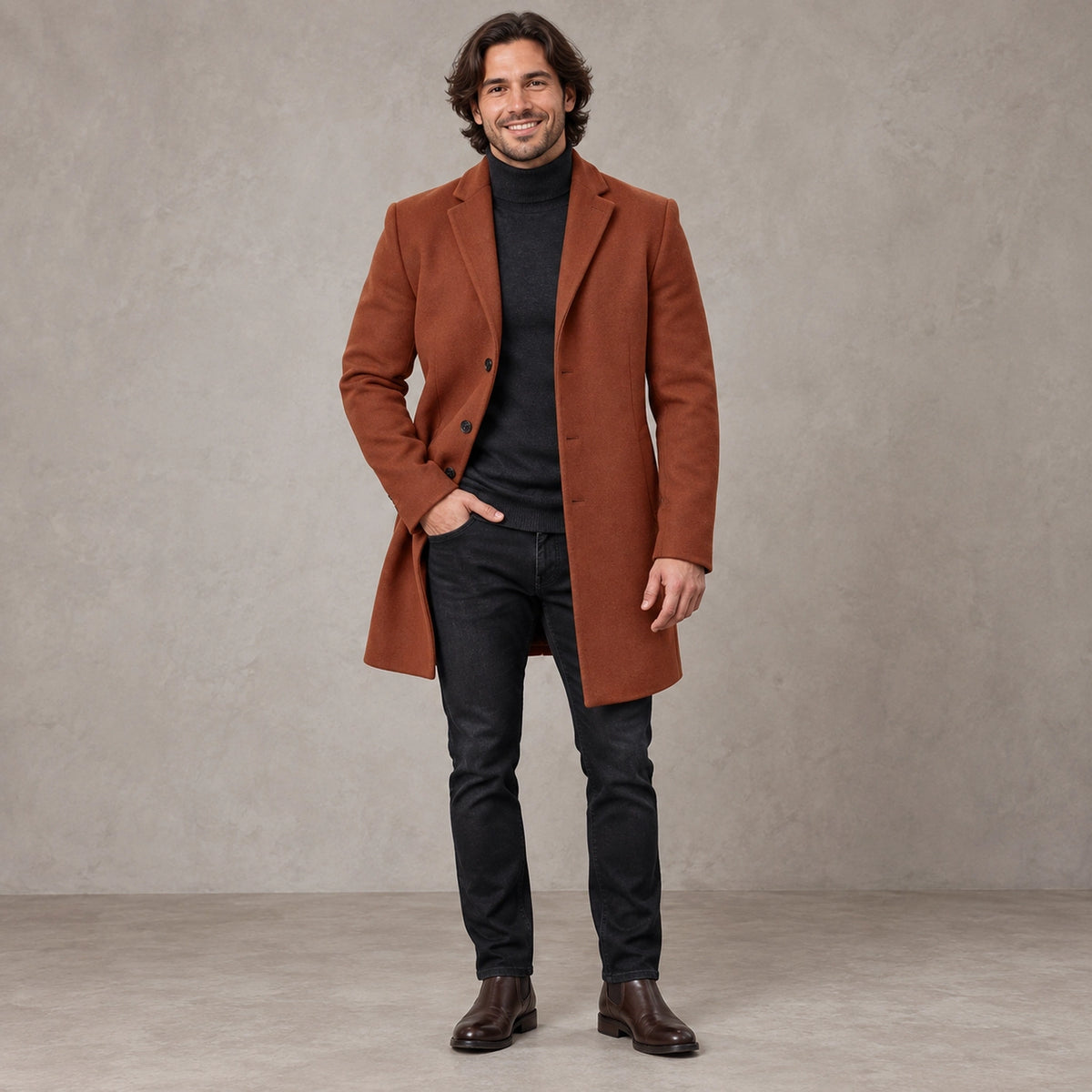 Men's Button Front Winter Coat — Atticus Rust Brown — view 4