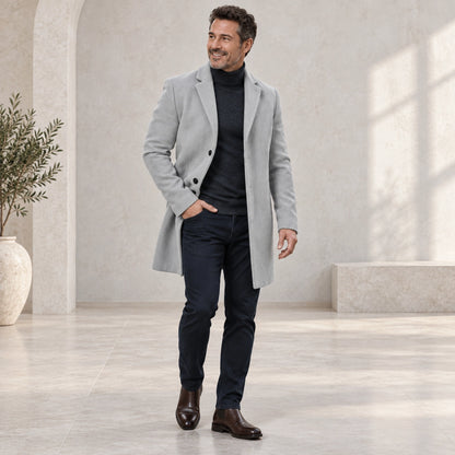 Men's Button Front Winter Coat — Atticus Light Gray three quarter view — view 5