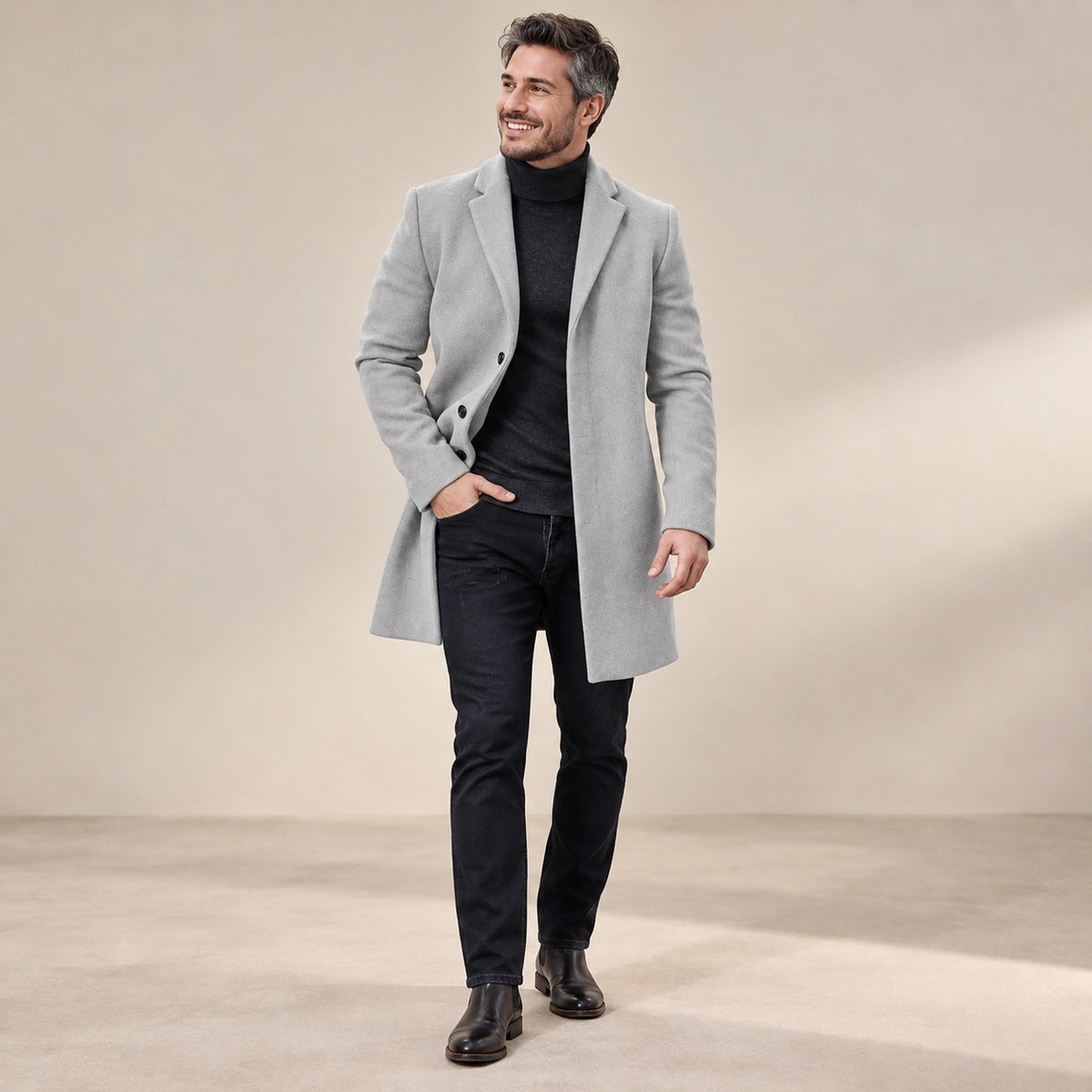 Men's Button Front Winter Coat — Atticus Light Gray alternate angle — view 6