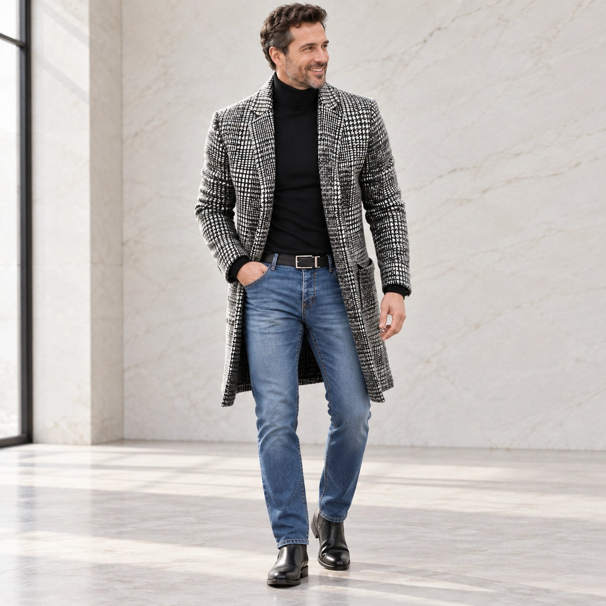 Men's Checked Lined Winter Coat — Lucas Gray Check three quarter view — view 2
