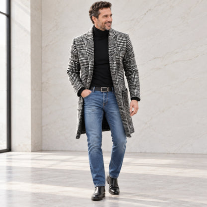Men's Checked Lined Winter Coat — Lucas Gray Check three quarter view — view 2