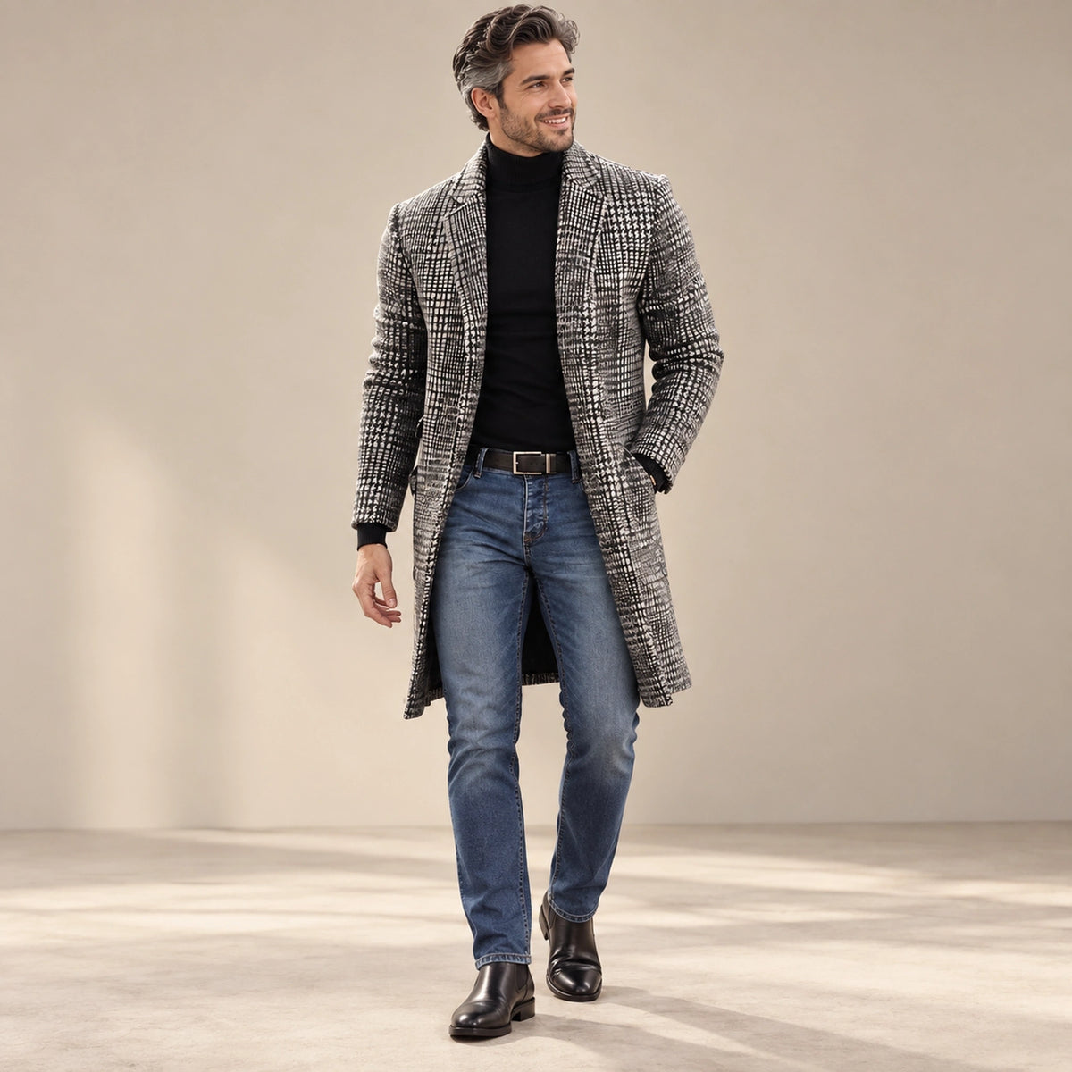 Men's Checked Lined Winter Coat — Lucas Gray Check alternate angle — view 3