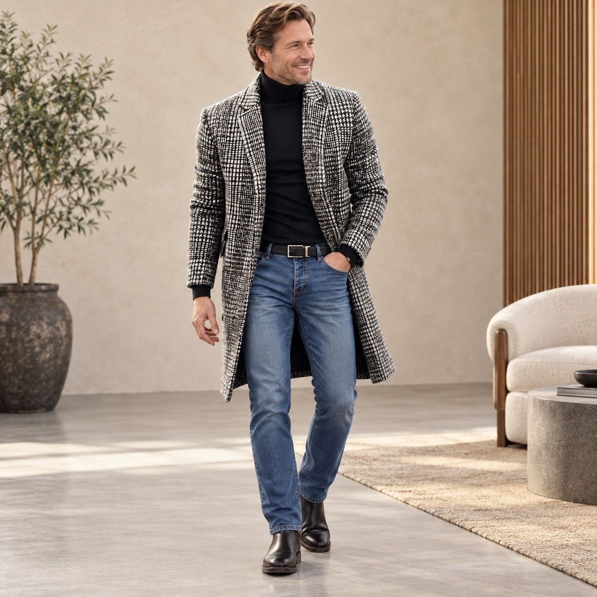 Men's Checked Lined Winter Coat — Lucas Gray Check front relaxed pose — view 4