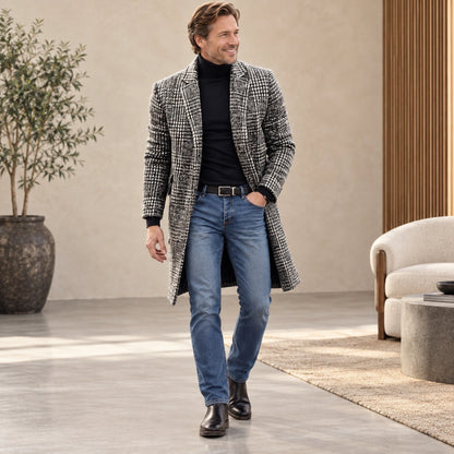 Men's Checked Lined Winter Coat — Lucas Gray Check front relaxed pose — view 4