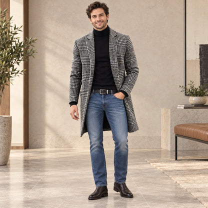 Men's Checked Lined Winter Coat — Lucas Gray Check front relaxed pose — view 5