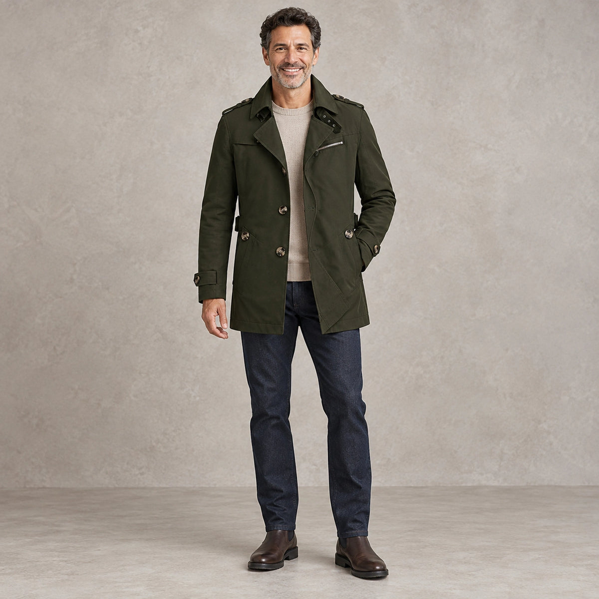 Men's High Collar Windproof Winter Coat — Viktor Olive Green front — view 2