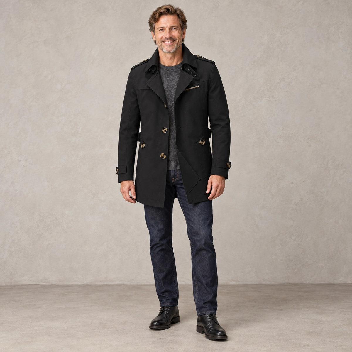 Men's High Collar Windproof Winter Coat — Viktor Black front — view 4