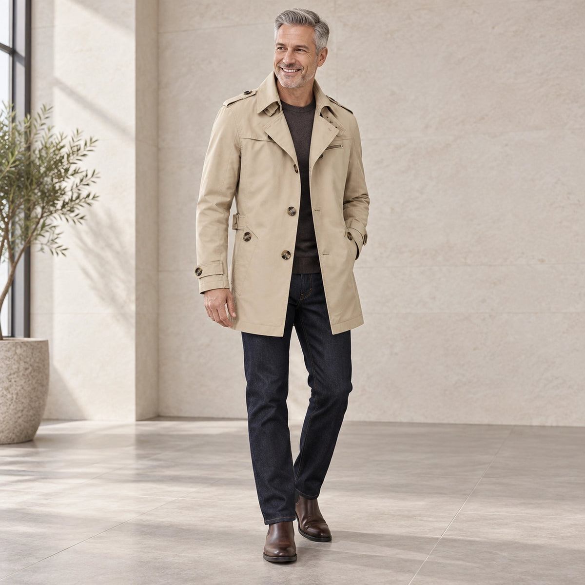 Men's High Collar Windproof Winter Coat — Viktor Beige three quarter view — view 6