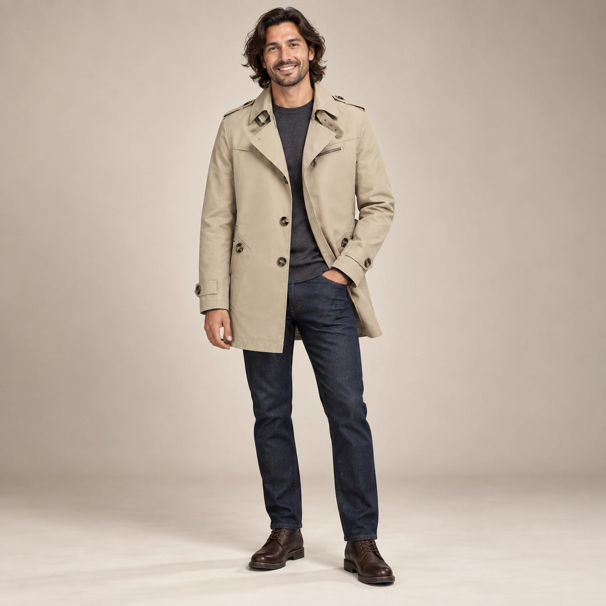 Men's High Collar Windproof Winter Coat — Viktor Beige alternate angle — view 7