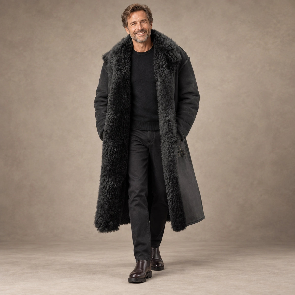 winter coat — Arden Men's Long Faux Fur Lined Coat – Black view