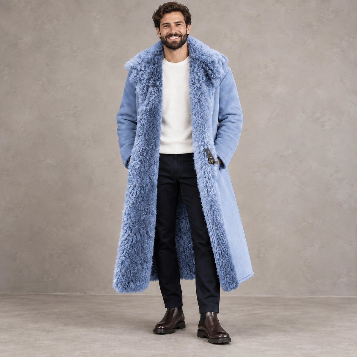 Men's Long Faux Fur Lined Polyester Winter Coat — Arden Light Blue front — view 2