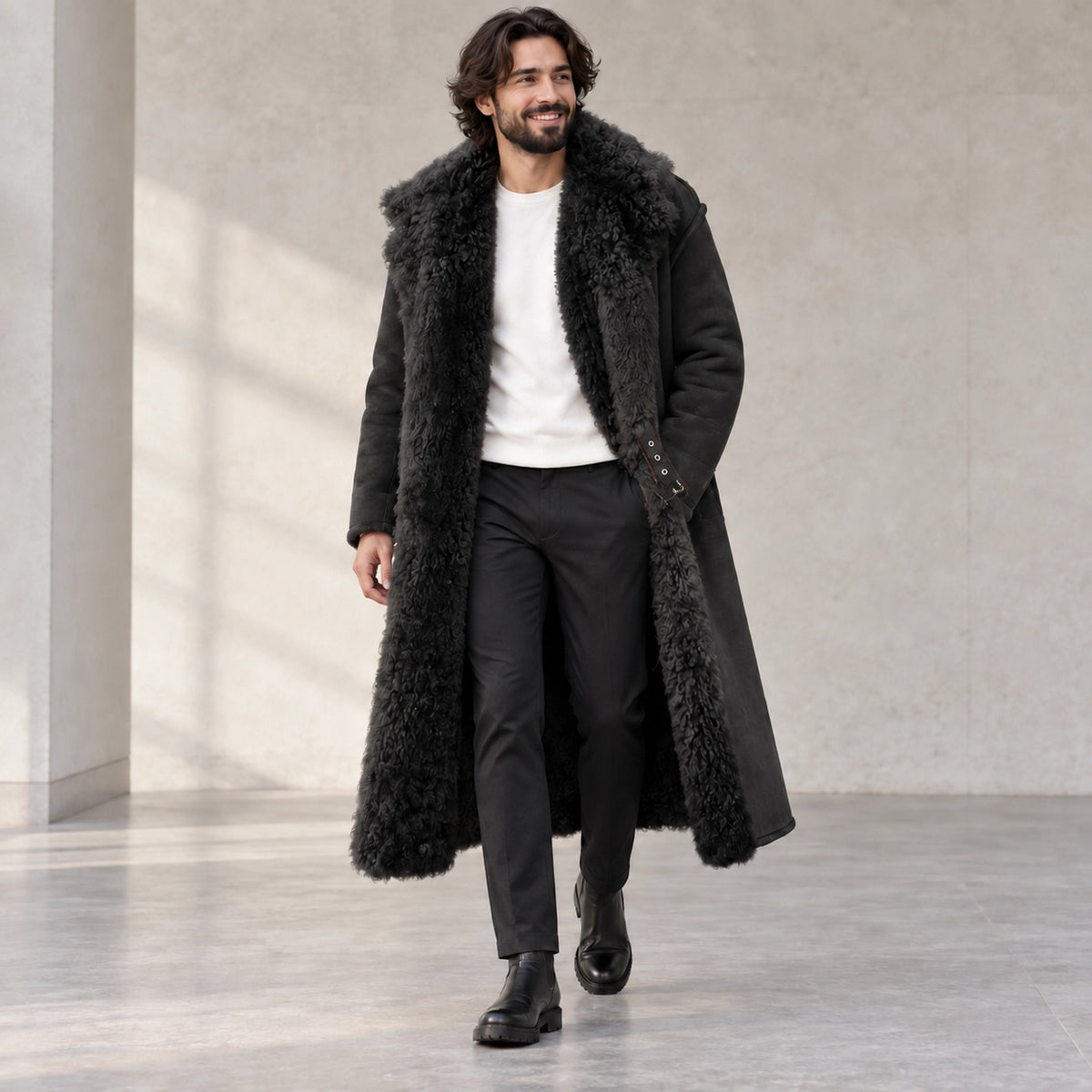 Men's Long Faux Fur Lined Polyester Winter Coat — Arden Black three quarter view — view 4