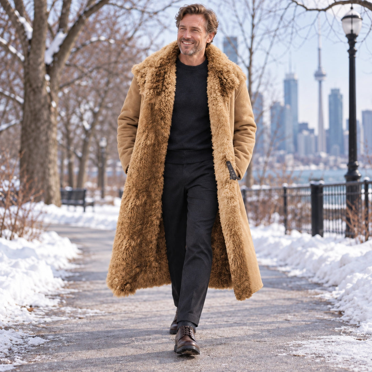 Men's Long Faux Fur Lined Polyester Winter Coat — Arden Camel 2 — view 7